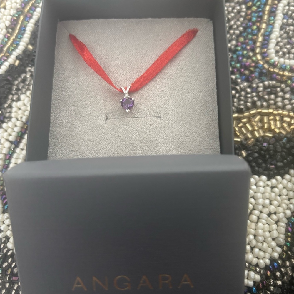 Angara Purple Amethyst Gemstone Necklace with Red Ribbon